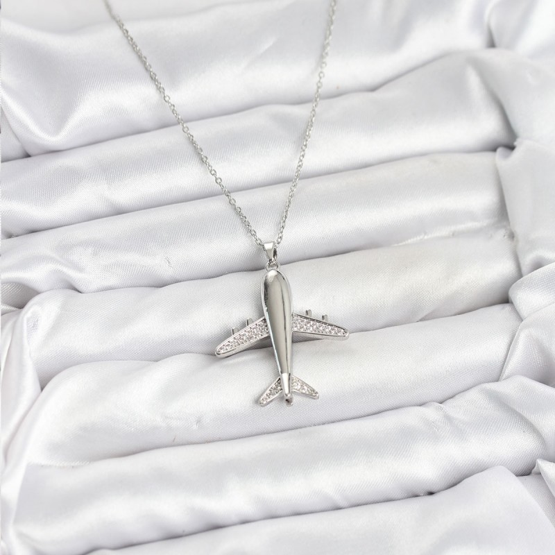 316L Çelik Zincir Gümüş Renk Uçak Model Kadın Kolye