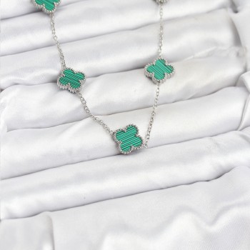 316L Çelik Zincir Gümüş Renk Yeşil Yonca Kadın Kolye