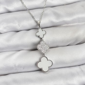 316L Çelik Zincir Gümüş Renk Yonca Detaylı Zirkon Taşlı Kadın Kolye