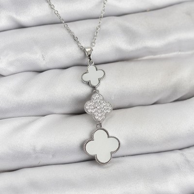 316L Çelik Zincir Gümüş Renk Yonca Detaylı Zirkon Taşlı Kadın Kolye