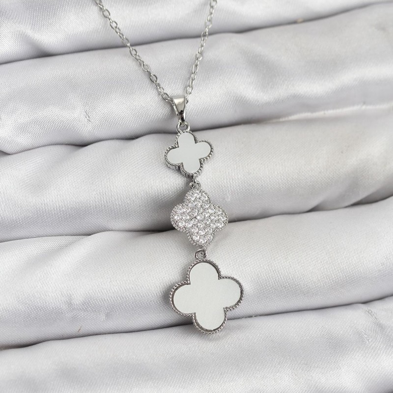 316L Çelik Zincir Gümüş Renk Yonca Detaylı Zirkon Taşlı Kadın Kolye