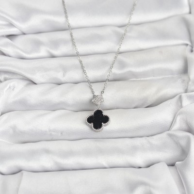 316L Çelik Zincir Gümüş Renk Yonca Model Zirkon Taşlı Kadın Kolye