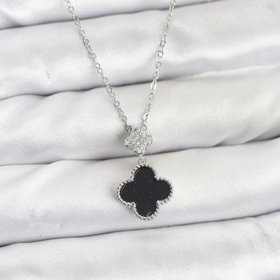 316L Çelik Zincir Gümüş Renk Yonca Model Zirkon Taşlı Kadın Kolye