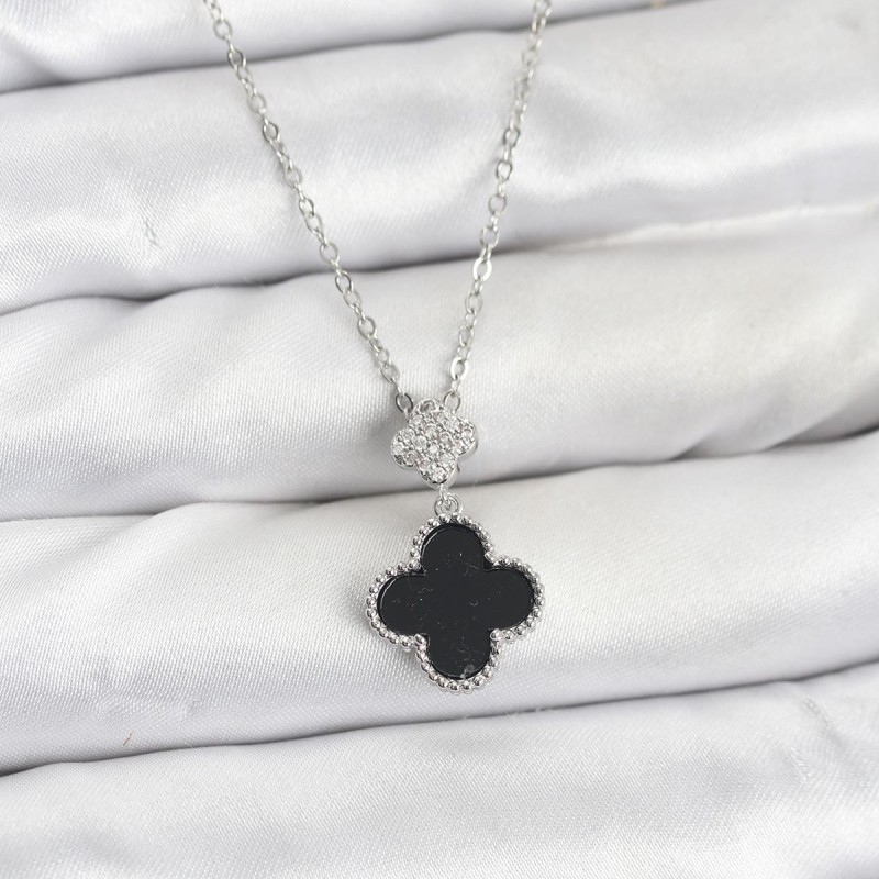 316L Çelik Zincir Gümüş Renk Yonca Model Zirkon Taşlı Kadın Kolye