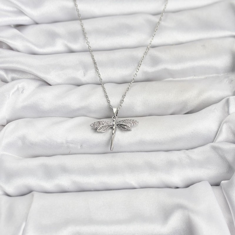 316L Çelik Zincir Gümüş Renk Yusufçuk Model Zirkon Taşlı Kadın Kolye