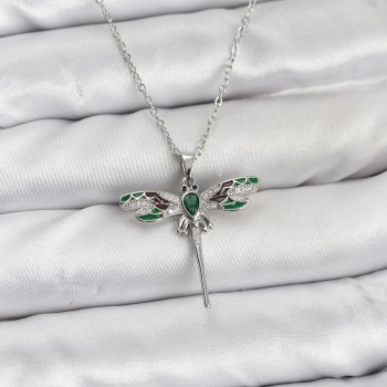 316L Çelik Zincir Gümüş Renk Yusufçuk Model Zirkon Taşlı Kadın Kolye