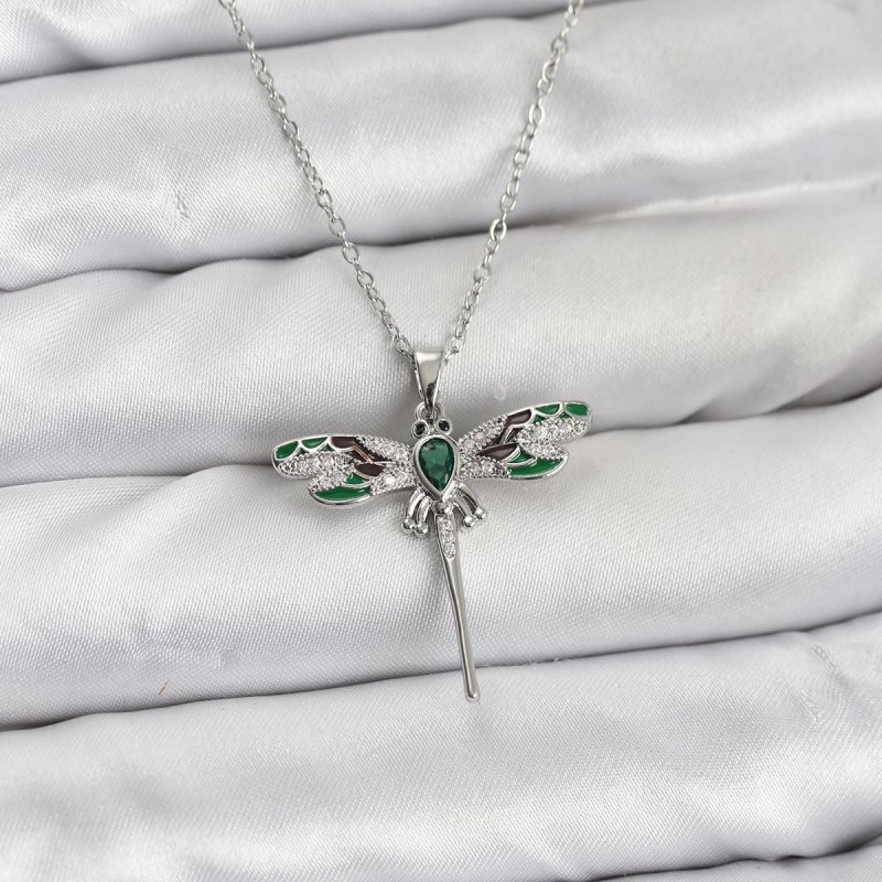 316L Çelik Zincir Gümüş Renk Yusufçuk Model Zirkon Taşlı Kadın Kolye