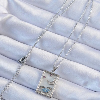 316L Çelik Zincir Gümüş Renk Zirkon Taşlı Ay Figürlü Tarot Kolye