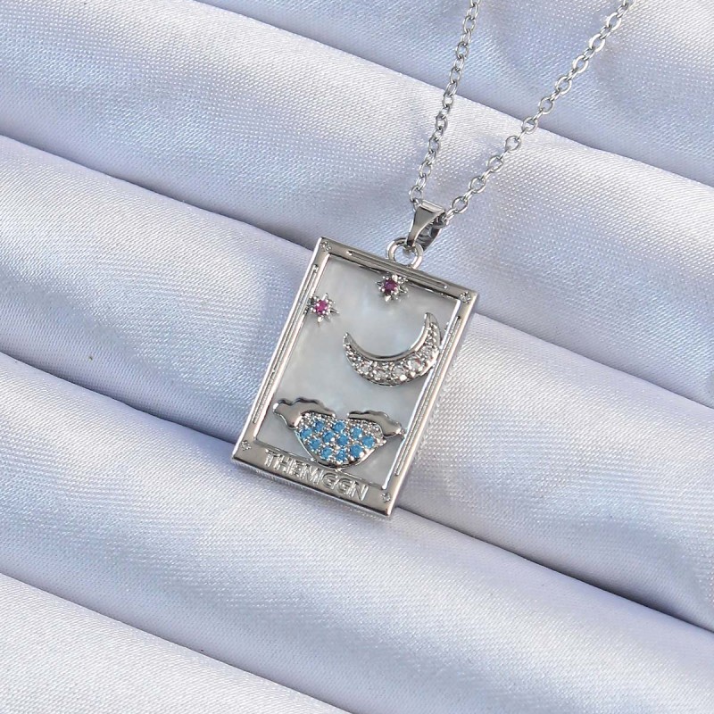 316L Çelik Zincir Gümüş Renk Zirkon Taşlı Ay Figürlü Tarot Kolye