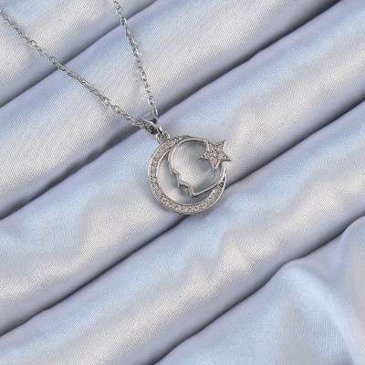 316L Çelik Zincir Gümüş Renk Zirkon Taşlı Ay Yıldız Simgeli Atatürk Kolye