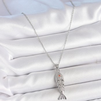 316L Çelik Zincir Gümüş Renk Zirkon Taşlı Balık Figürlü Kolye