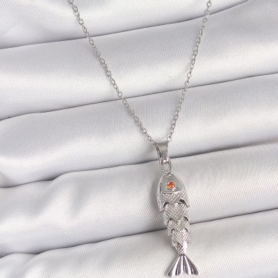316L Çelik Zincir Gümüş Renk Zirkon Taşlı Balık Figürlü Kolye