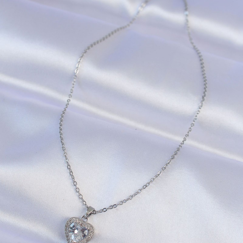 316L Çelik Zincir Gümüş Renk Zirkon Taşlı Charm Kalp Kolye