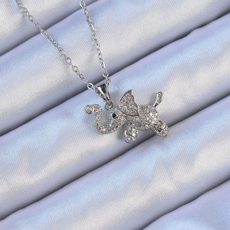 316L Çelik Zincir Gümüş Renk Zirkon Taşlı Fil Kolye