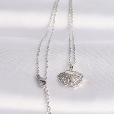 316L Çelik Zincir Gümüş Renk Zirkon Taşlı İnci Detay İstiridye Kolye