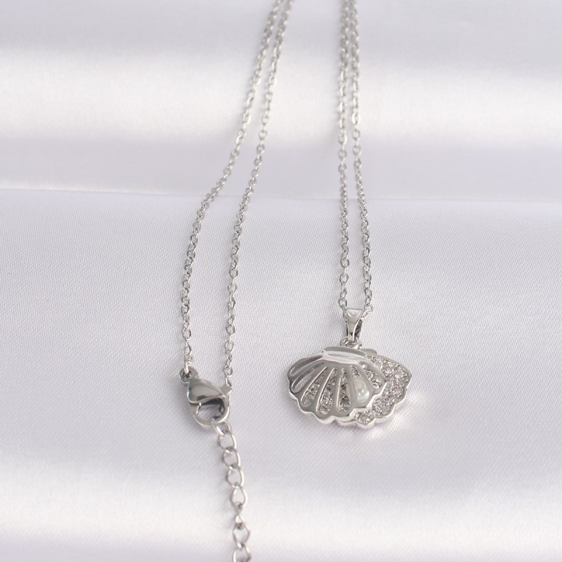 316L Çelik Zincir Gümüş Renk Zirkon Taşlı İnci Detay İstiridye Kolye