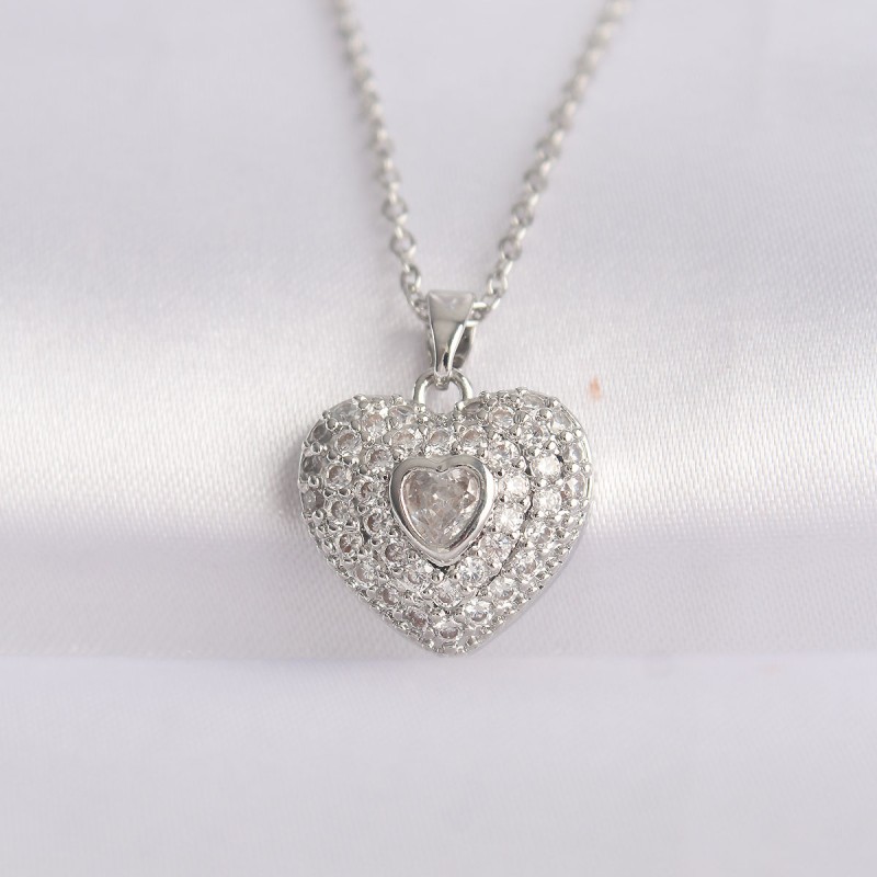 316L Çelik Zincir Gümüş Renk Zirkon Taşlı Kalp Kolye