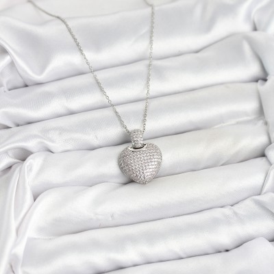 316L Çelik Zincir Gümüş Renk Zirkon Taşlı Kalpli Kadın Kolye