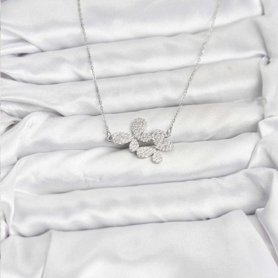 316L Çelik Zincir Gümüş Renk Zirkon Taşlı Kelebek Model Kadın Kolye