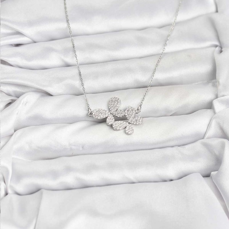 316L Çelik Zincir Gümüş Renk Zirkon Taşlı Kelebek Model Kadın Kolye
