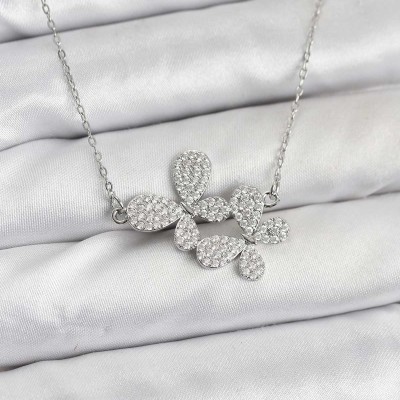 316L Çelik Zincir Gümüş Renk Zirkon Taşlı Kelebek Model Kadın Kolye