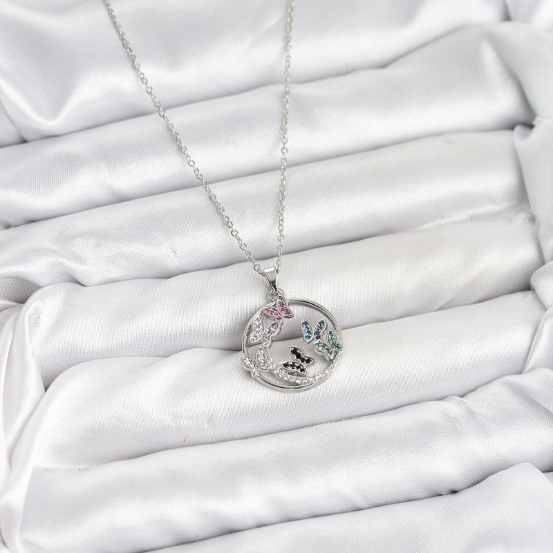 316L Çelik Zincir Gümüş Renk Zirkon Taşlı Kelebekli Kadın Kolye