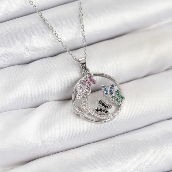 316L Çelik Zincir Gümüş Renk Zirkon Taşlı Kelebekli Kadın Kolye