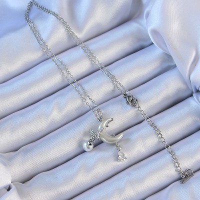 316L Çelik Zincir Gümüş Renk Zirkon Taşlı Kelebekli Mineli Ay Kolye