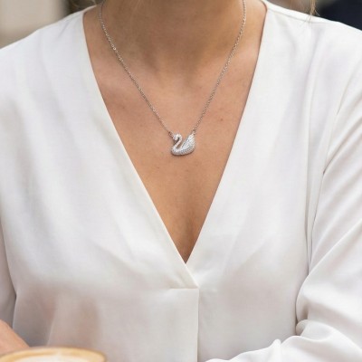 316L Çelik Zincir Gümüş Renk Zirkon Taşlı Kuğu Kolye