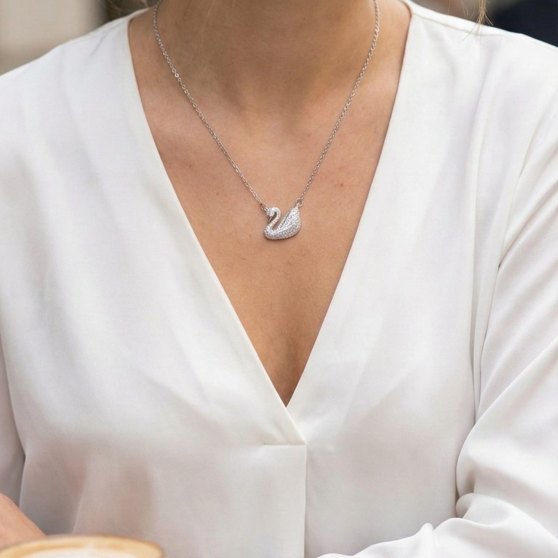 316L Çelik Zincir Gümüş Renk Zirkon Taşlı Kuğu Kolye