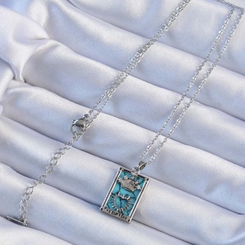 316L Çelik Zincir Gümüş Renk Zirkon Taşlı Mavi Mermer Desenli Taç Model Tarot Kolye