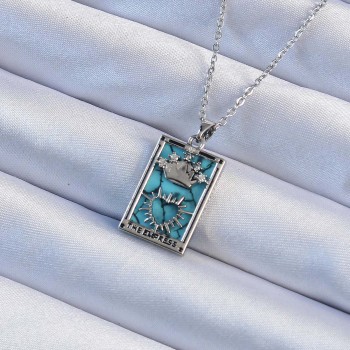 316L Çelik Zincir Gümüş Renk Zirkon Taşlı Mavi Mermer Desenli Taç Model Tarot Kolye