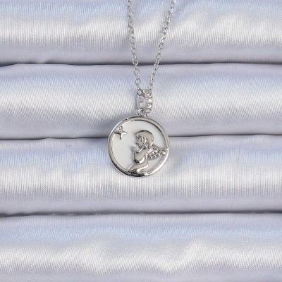 316L Çelik Zincir Gümüş Renk Zirkon Taşlı Mineli Melek Kolye