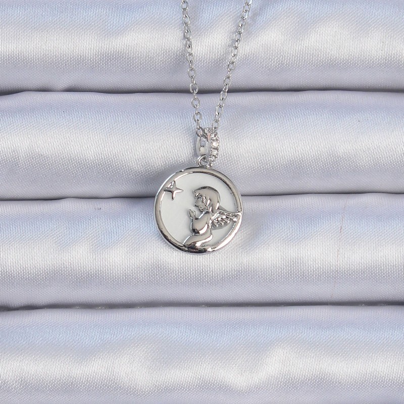 316L Çelik Zincir Gümüş Renk Zirkon Taşlı Mineli Melek Kolye