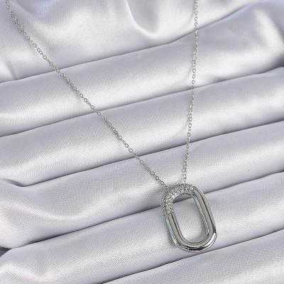 316L Çelik Zincir Gümüş Renk Zirkon Taşlı Oval Halka Model Kadın Kolye