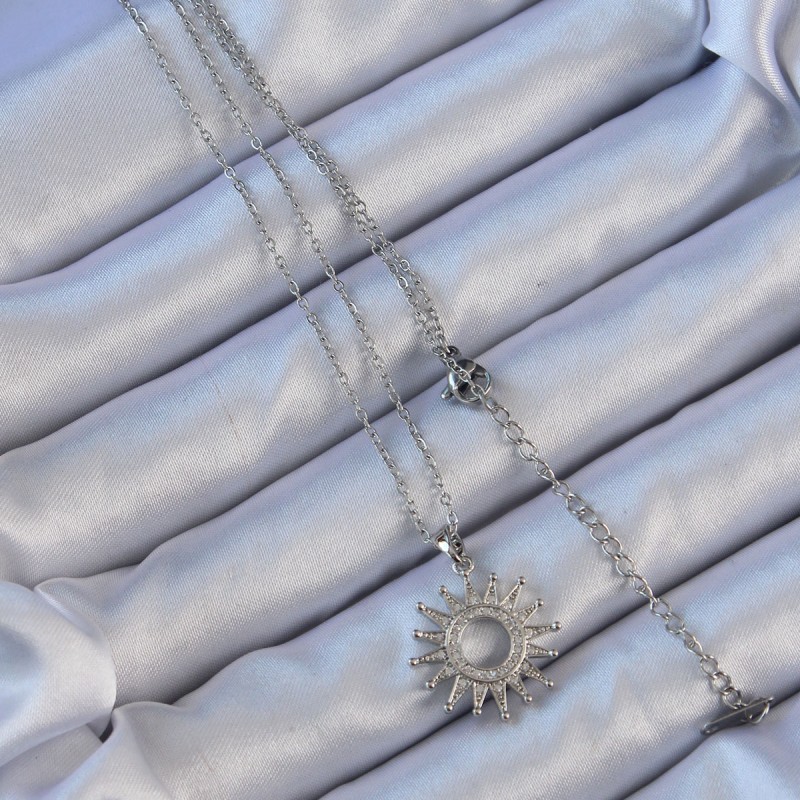 316L Çelik Zincir Gümüş Renk Zirkon Taşlı Parlayan Güneş Kolye