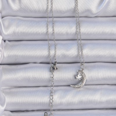 316L Çelik Zincir Gümüş Renk Zirkon Taşlı Sallantılı Ay Yıldız Kolye