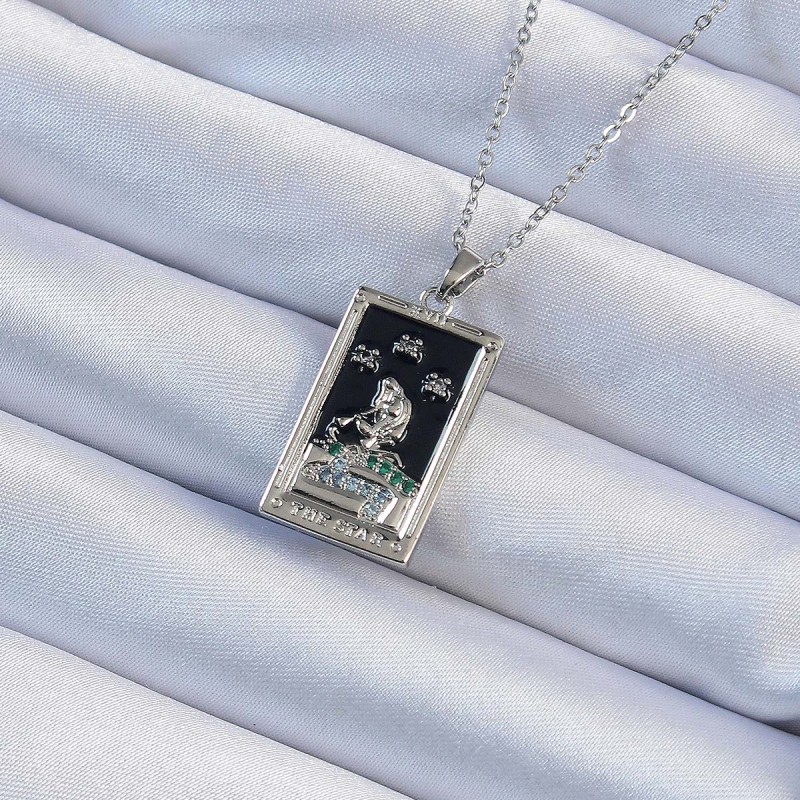 316L Çelik Zincir Gümüş Renk Zirkon Taşlı Siyah Mineli Kız Figürlü Tarot Kolye