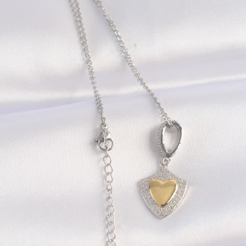 316L Çelik Zincir Gümüş Renk Zirkon Taşlı Tasarım Altın Renk Kalp Kolye