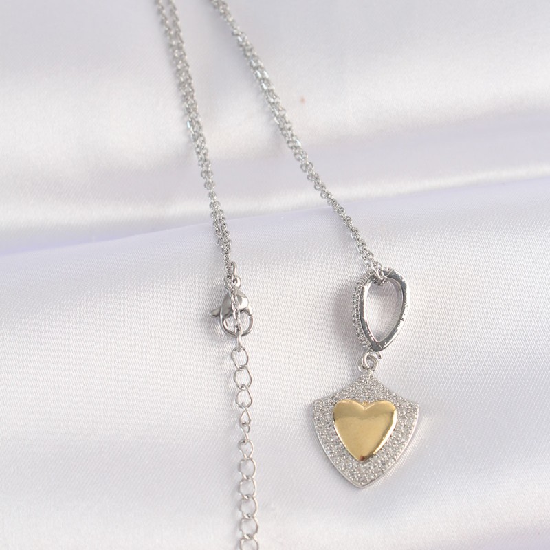 316L Çelik Zincir Gümüş Renk Zirkon Taşlı Tasarım Altın Renk Kalp Kolye