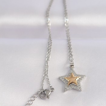 316L Çelik Zincir Gümüş Renk Zirkon Taşlı Tasarım Altın Renk Yıldız Kolye