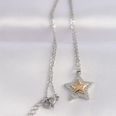 316L Çelik Zincir Gümüş Renk Zirkon Taşlı Tasarım Altın Renk Yıldız Kolye