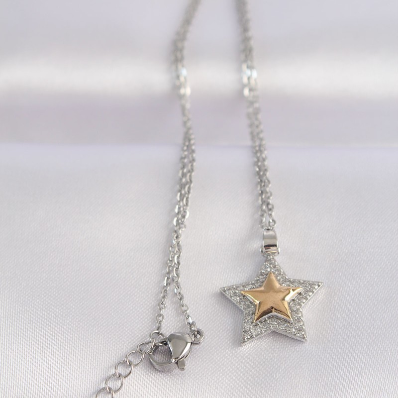 316L Çelik Zincir Gümüş Renk Zirkon Taşlı Tasarım Altın Renk Yıldız Kolye