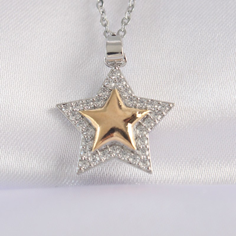 316L Çelik Zincir Gümüş Renk Zirkon Taşlı Tasarım Altın Renk Yıldız Kolye