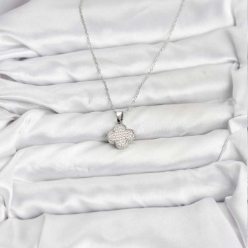 316L Çelik Zincir Gümüş Renk Zirkon Taşlı Yonca Model Kadın Kolye