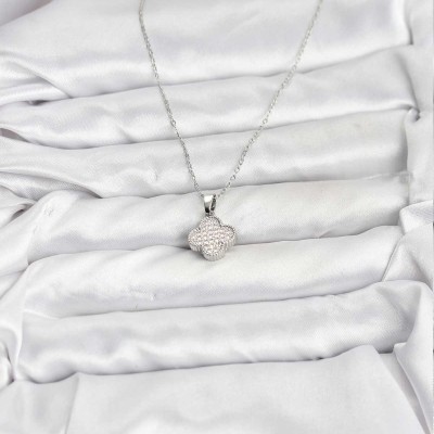 316L Çelik Zincir Gümüş Renk Zirkon Taşlı Yonca Model Kadın Kolye