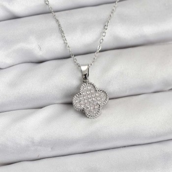 316L Çelik Zincir Gümüş Renk Zirkon Taşlı Yonca Model Kadın Kolye
