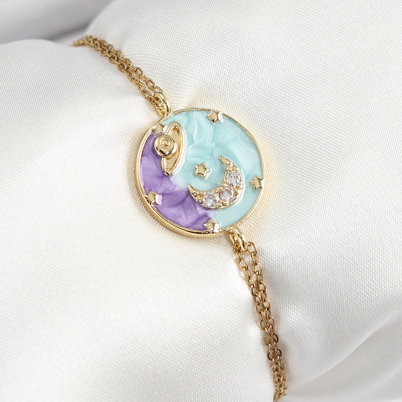 316L Çelik Zincir Mineli Sanatsal Portre Zirkon Taşlı Gezegen Model Gold Renk Kadın Bileklik