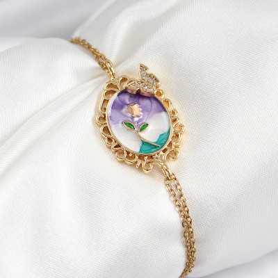 316L Çelik Zincir Mineli Sanatsal Portre Zirkon Taşlı Kelebek Detaylı Çiçek Model Gold Renk Kadın Bileklik