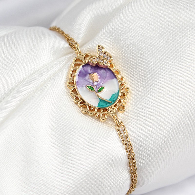 316L Çelik Zincir Mineli Sanatsal Portre Zirkon Taşlı Kelebek Detaylı Çiçek Model Gold Renk Kadın Bileklik